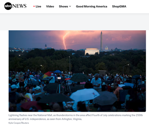 Lightning and people with umbrellas in Washington DC on July 4th
