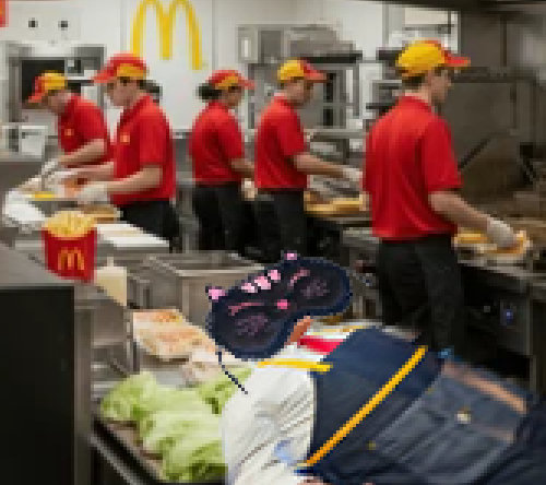 trump lying in the prep area of mcdonalds with the same kitty sleep mask which is now my new signature item