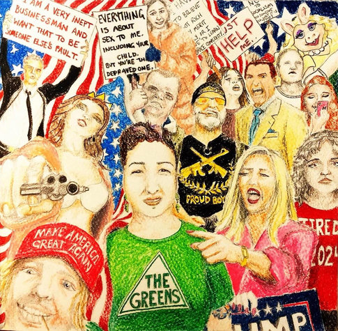 A drawing in colour pencil that brings together a composite of mostly-American figures (both real people and imagined as representatives), stereotypes and archetypes, with the artist in the centre of it all wearing a Greens shirt and looking weirded out by the high-conflict environment around her.