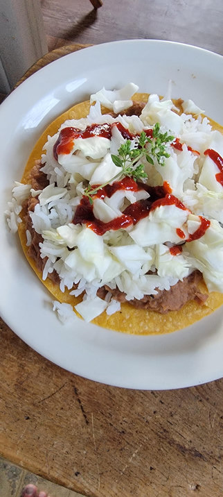 Corn tostada topped with refried beans, rice, green cabbage, gochujang.
Coriander blossom garnish.