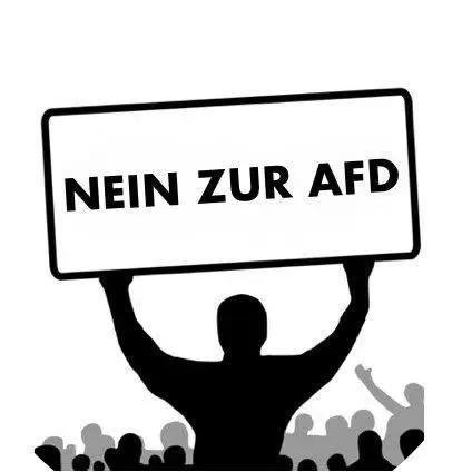 Ein KI-Bild mit weissen Hintergrund zeigt ein Menschenmenge in schwarz und grauer Farbe. Ein schwarzes Männchen ganz im Vordergrund hält eine weisse Tafel mit der Aufschrift "NEIN ZUR AFD" in die Höhe.