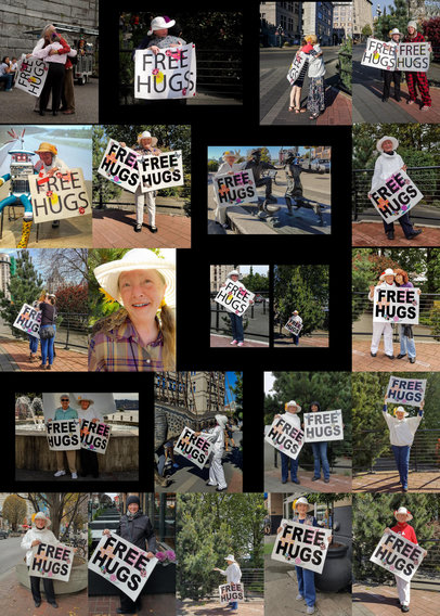 This image is a collage of images of Marcia with her Free Hugs poster. The images were made during our 11-year (pre-Covid) Free Hugs campaigns