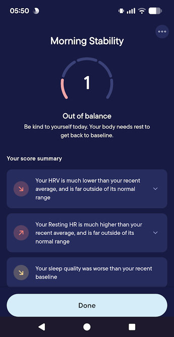 Screenshot from Visible app showing a morning stability score of 1, saying my body needs to rest.