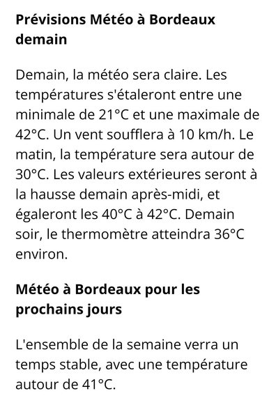 Prévisions Météo à Bordeaux demain

Demain, la météo sera claire. Les

températures s'étaleront entre une minimale de 21°C et une maximale de 42°C. Un vent soufflera à 10 km/h. Le matin, la température sera autour de 30°C. Les valeurs extérieures seront à la hausse demain après-midi, et égaleront les 40°C à 42°C. Demain soir, le thermomètre atteindra 36°C environ.

Météo à Bordeaux pour les prochains jours

L'ensemble de la semaine verra un temps stable, avec une température autour de 41°C.