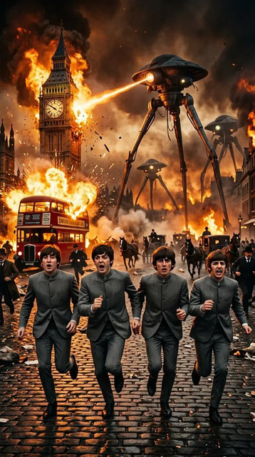 A highly detailed cinematic action shot capturing the Beatles from the Hard Days Night era in identical grey collarless suits running in sheer panic directly toward the camera. They are fleeing an apocalyptic alien invasion on a rain-slicked cobblestone street in London. In the immediate foreground, the four band members are captured mid-stride with expressions of absolute terror. Dominating the upper right background is a massive, menacing Martian tripod walker, exactly as depicted, standing tall on three spindly mechanical legs. Its central cockpit head projects a single, continuous, searing orange-yellow heat ray that strikes the iconic Big Ben clock tower on the left side of the frame. The impact causes a catastrophic explosion, blowing apart the clock face in a shower of fire, sparks, and debris. To the left of the band, a classic red double-decker London bus is engulfed in roaring flames and thick black smoke. The chaotic background is filled with Victorian-era citizens in top hats and long coats running for their lives, alongside panicked horses pulling carriages through the rubble. Two additional tripods loom in the distance amidst burning buildings and a smog-filled sky. The lighting is intensely dramatic, dominated by the hellish orange glow of the explosions reflecting off the wet pavement and the metallic surfaces of the tripods. The overall image has a gritty, cinematic film grain with realistic motion blur on the running figures to emphasize the chaotic momentum of the scene.