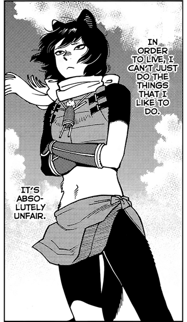 another panel from dungeon mesh. it shows izutsumi with her arms crossed. the text around her reads:

in order to live, i can't just do the things i like to do.

it's absolutely unfair.