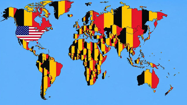 A world map, all countries have the Belgian flag over their country. Except the USA, which has their own flag on it. 