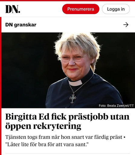 Bild:Birgitta Ed.
Birgitta Ed fick prästjobb utan öppen rekrytering.
'Tjänsten togs fram när hon snart var färdig präst.'