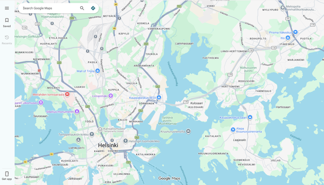 Screenshot of Google Maps (showing Helsinki)