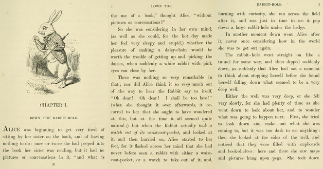 excerpt from "Alice in Wonderland" with original illustrations -- Chapter 1 "Down the rabbit-hole" thank you, Internet Archive : https://archive.org/details/alicesadventur00carr/page/n19/mode/2up