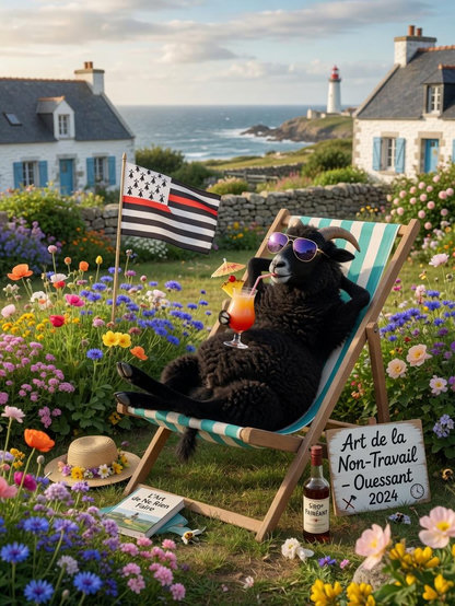Ein zufriedenes schwarzes Schaf liegt auf einem Liegestuhl auf Ouessant in der Sonne, Schild "Art de non travail" Buch "Art de rien faire", Blumen, Ouessant Fahne