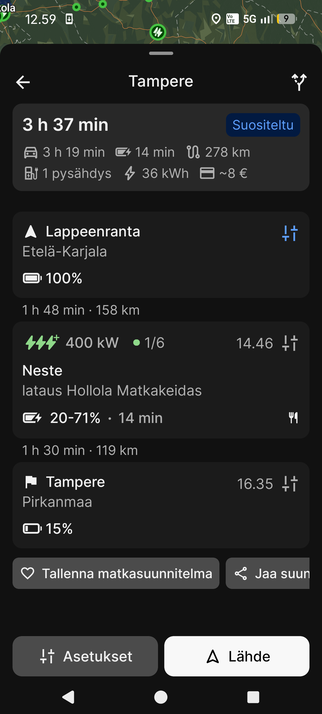 Kuvakaappaus reittisuunnitteluohjelmistosta sähköauton matkalle Lappeenranta - Tampere. 