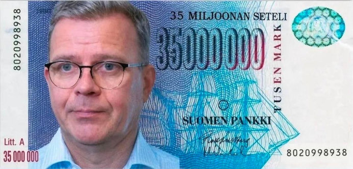 Petteri Orpo vanhassa tuhannen markan setelissä, joka on muutettu 35 000 000 markan seteliksi.
